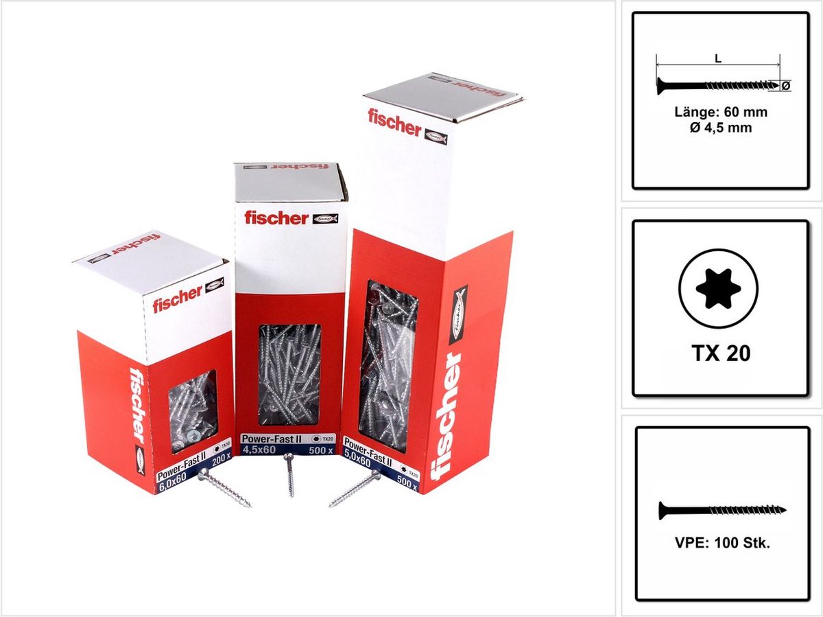 Fischer 100x Power-Fast II FPF II CTP 4,5 x 60 mm BC verzonken kop met binnenster TX20 deeldraad galvanisch verzinkt blauw gepassiveerd - 670274