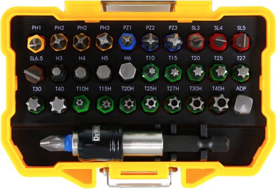 Gele DeWalt bitset in geopende cassette, met label van alle bits en een bithouder.