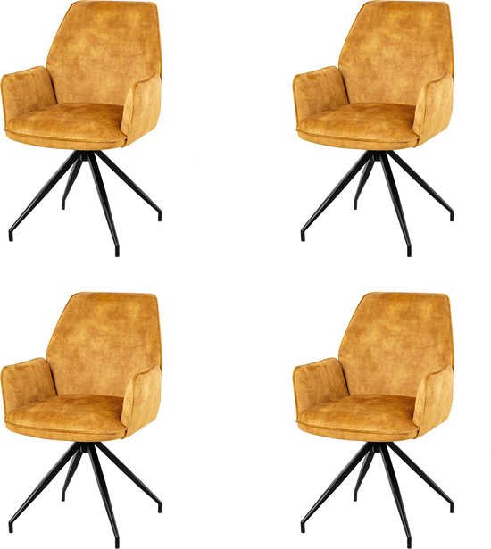 Nuvolix velvet eetkamerstoelen met armleuning set van 4 "Madrid" - stoel met armleuningen - eetkamerstoel - velvet stoel - cognac