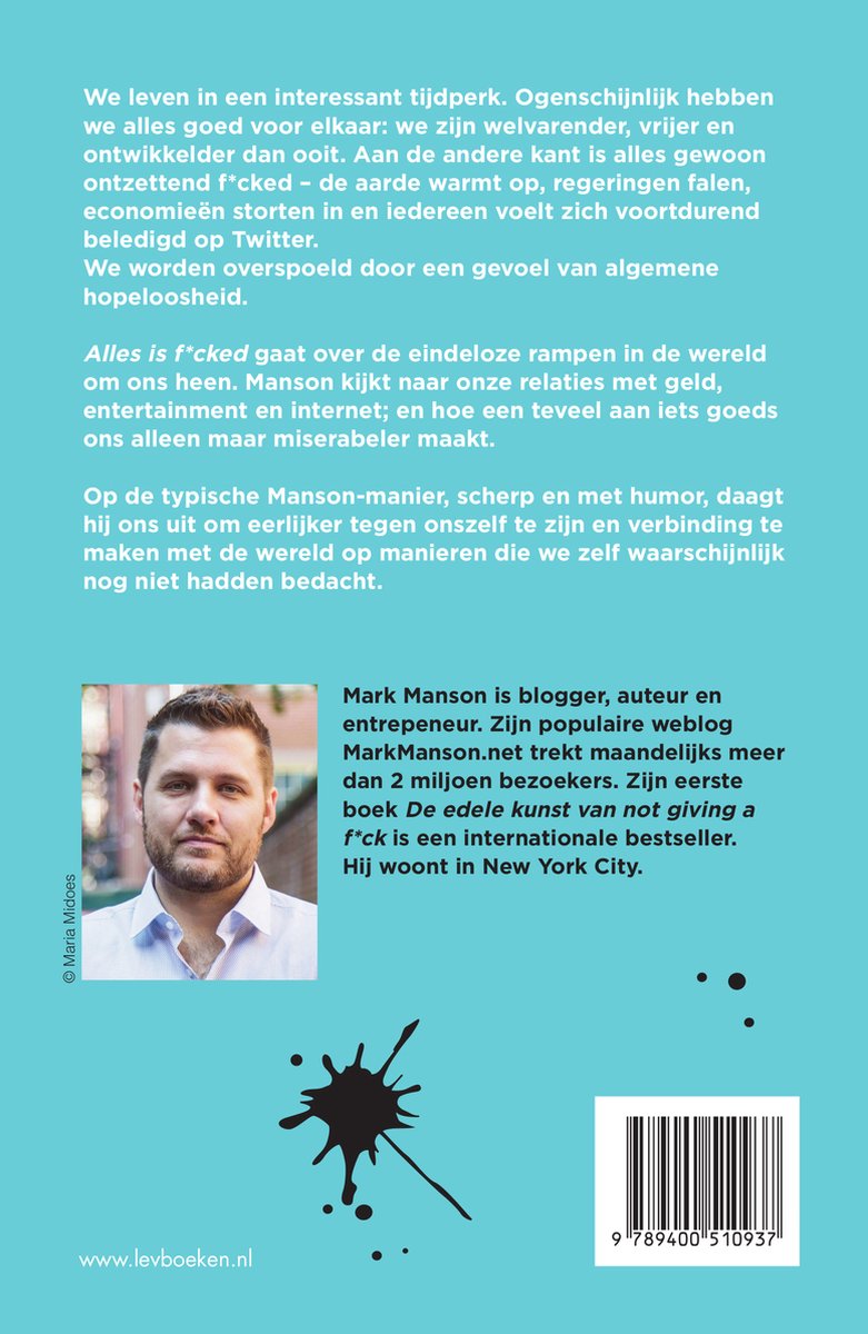 Boekomslag met portret van Mark Manson en tekst over zijn boek 'Alles is f*cked'.
