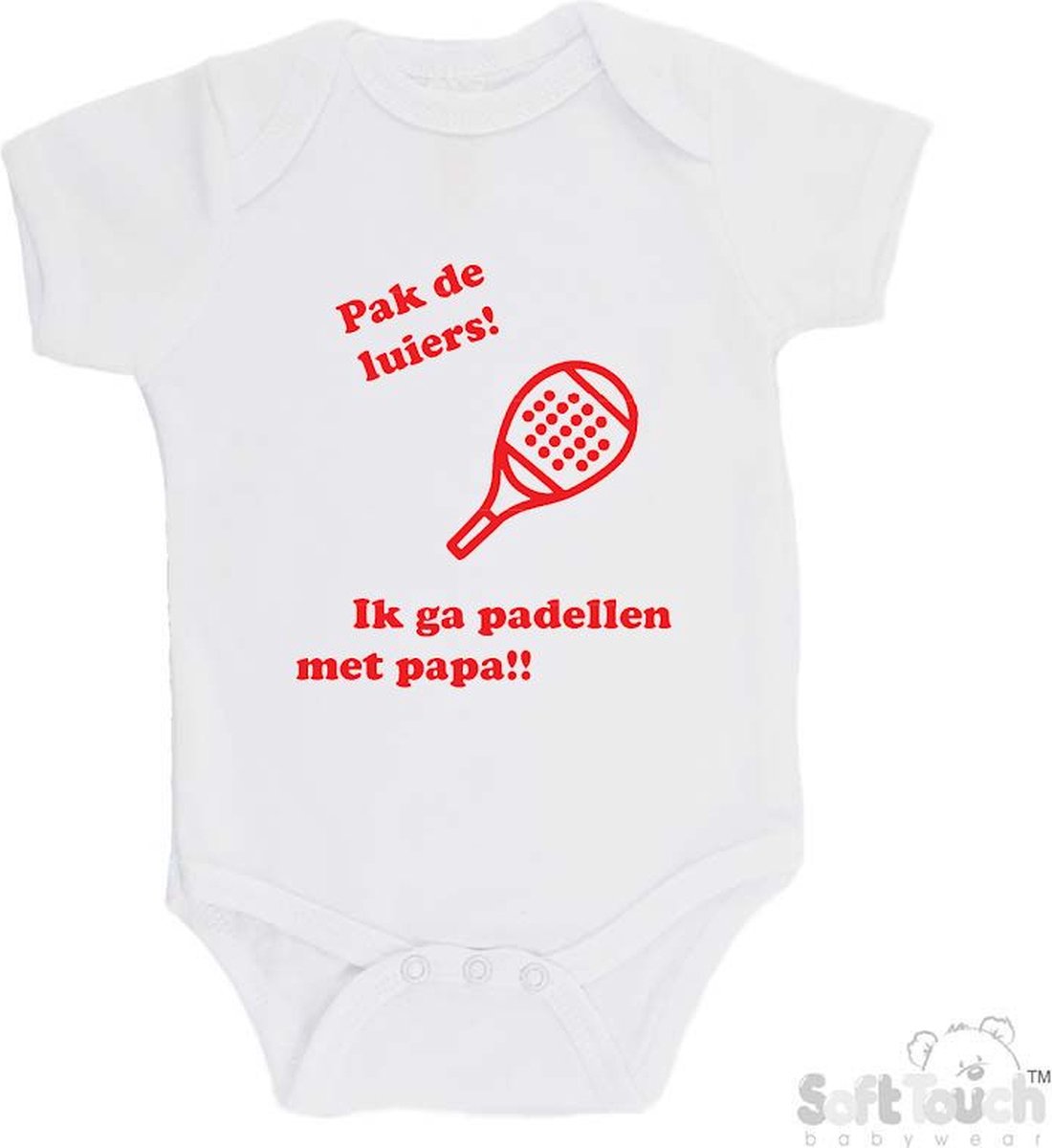 100% katoenen Romper "Pak de luiers! Ik ga padellen met papa!!" Padel Unisex Katoen Wit/rood Maat 68/74