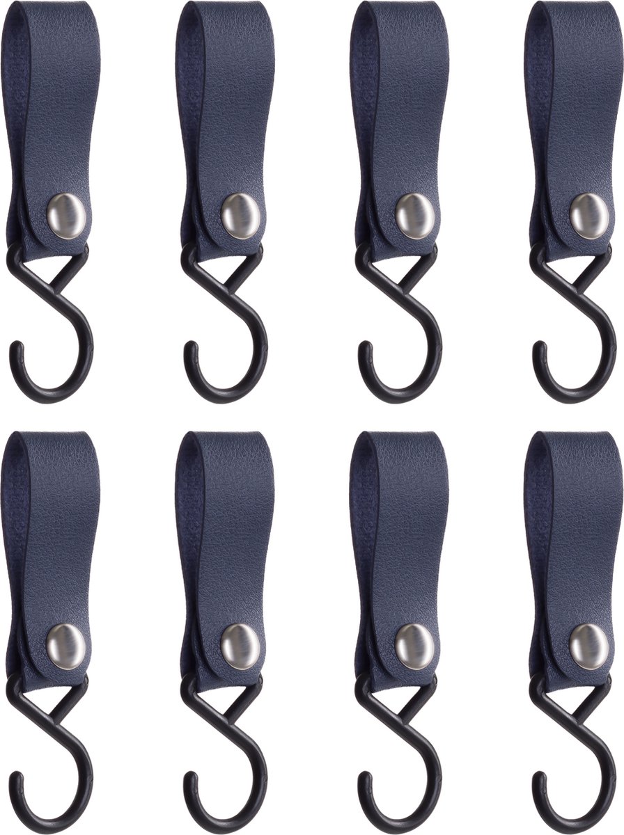 QUVIO Ophanghaak met leren bandje - Kledinghaken - Kledinghangers - Opbergen - Haken - Keukenhaken - Kunststof - Leer - Ophanghaken - Set van 8 - Blauw