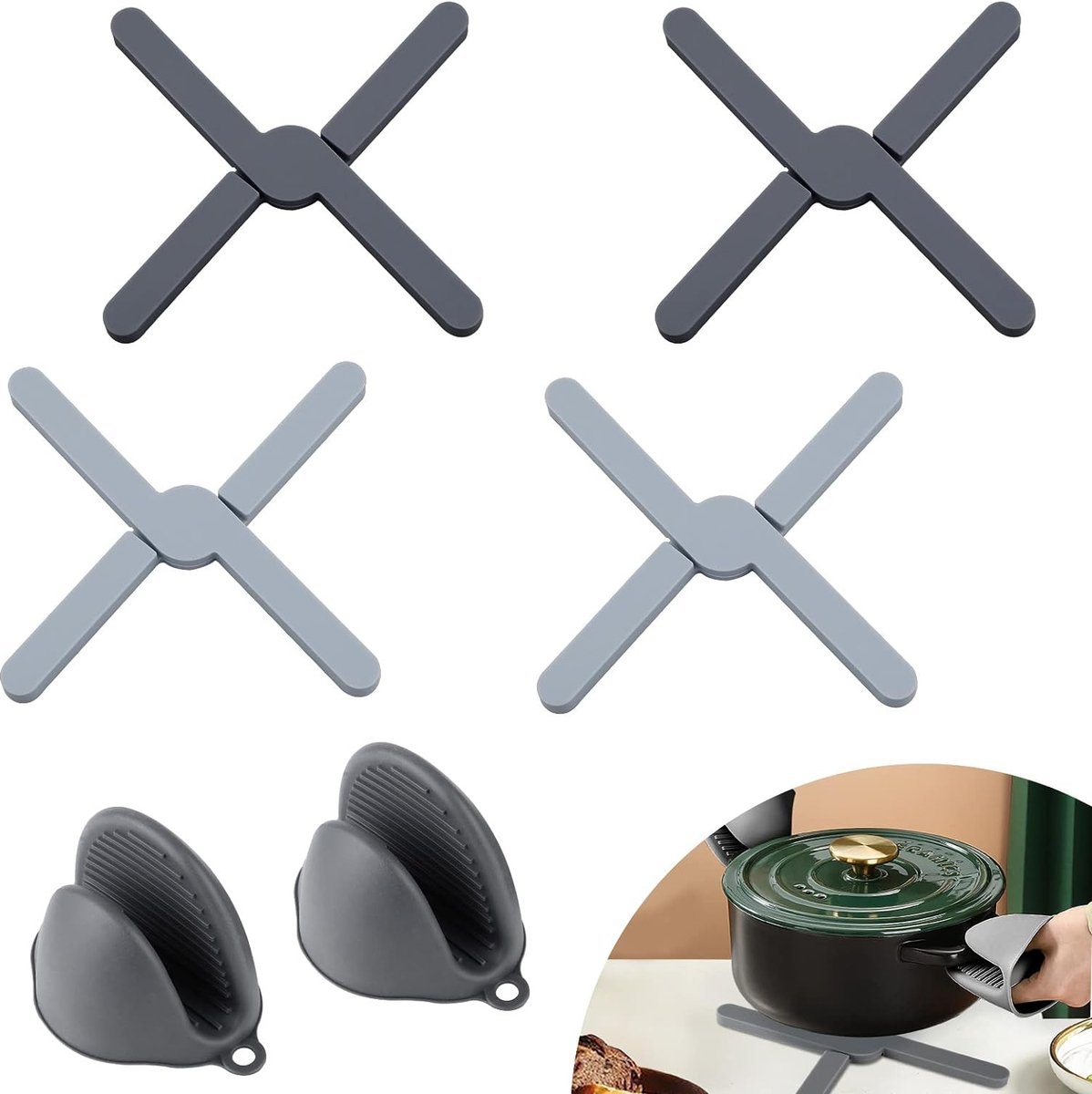 Set van 4 siliconen onderzetters, hittebestendig, inklapbaar, met ovenwanten, pannenlappen, hittebescherming, hete pannenhouder, onderzetter voor potten, hete pannen, schalen, zwart + grijs