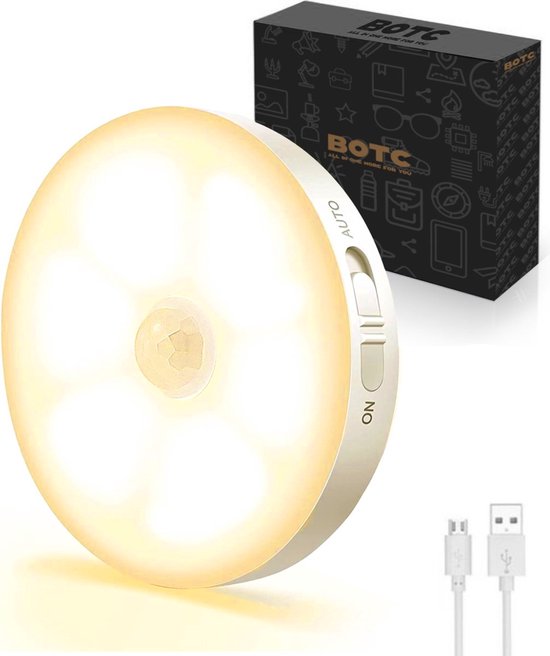 Lampe LED sans fil BOTC avec détecteur de mouvement - Lumière Wit chaud - Applique murale sans fil - Spot LED sans fil - Rechargeable par USB - avec aimant