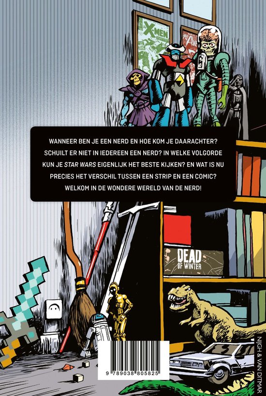 Boekomslag met stripfiguren zoals Darth Vader, C-3PO, R2-D2, Skeletor, en een alien. Tekst in het Nederlands.