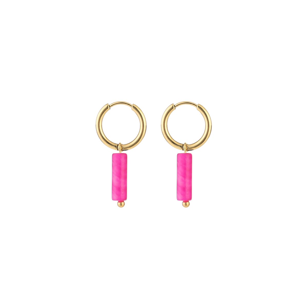 Michelle Bijou, oorbellen, goud, stainless steel, roze hanger
