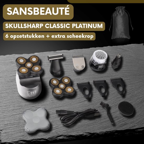 Sansbeauté Skullsharp Platinum scheerapparaat met 6 opzetstukken en extra scheerkop.
