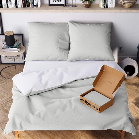 Beddengoed 200 x 220 cm, gris-blanc, douce et infroissable, 3 pièces, parure de lit avec 1 dekbedovertrek + 2 taies d'oreiller 80 x 80 cm.