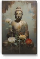 Boeddha met bloemen - Mini Laqueprint - 9,6 x 14,7 cm - Niet van echt te onderscheiden handgelakt schilderijtje op hout - Mooier dan een print op canvas. - LPS537