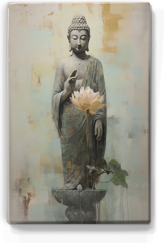 Boeddha met bloemen - Mini Laqueprint - 9,6 x 14,7 cm - Niet van echt te onderscheiden handgelakt schilderijtje op hout - Mooier dan een print op canvas. - LPS508