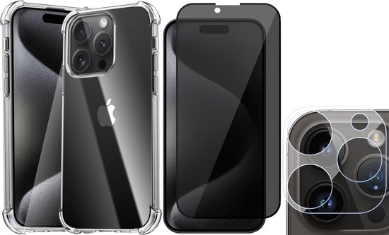 Hoesje geschikt voor iPhone 15 Pro Max - Privacy Screenprotector FullGuard & Camera Lens Screen Protector - Back Cover Case ShockGuard Transparant
