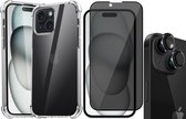 Hoesje geschikt voor iPhone 15 - Privacy Screenprotector FullGuard & Camera Lens Screen Protector Zwart - Back Cover Case ShockGuard Transparant