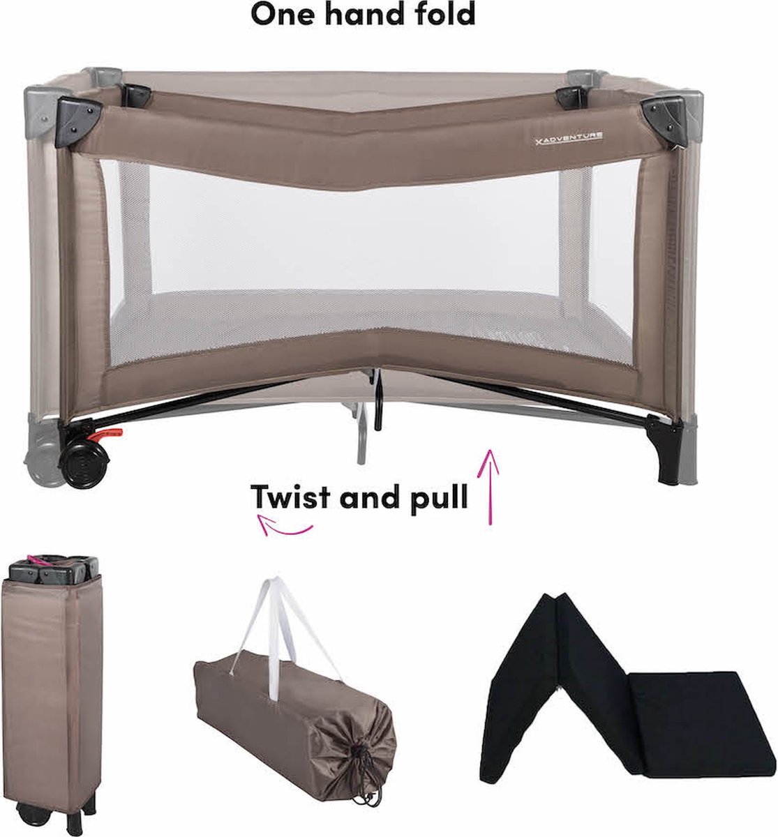 X Adventure Inklapbaar Campingbedje / Reisbed Twist - One Hand Fold- set Inclusief Matras – 120 x 60 cm - Taupe