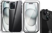 Hoesje geschikt voor iPhone 15 Plus - Screenprotector FullGuard & Camera Lens Screen Protector Zwart - Back Cover Case ShockGuard Transparant