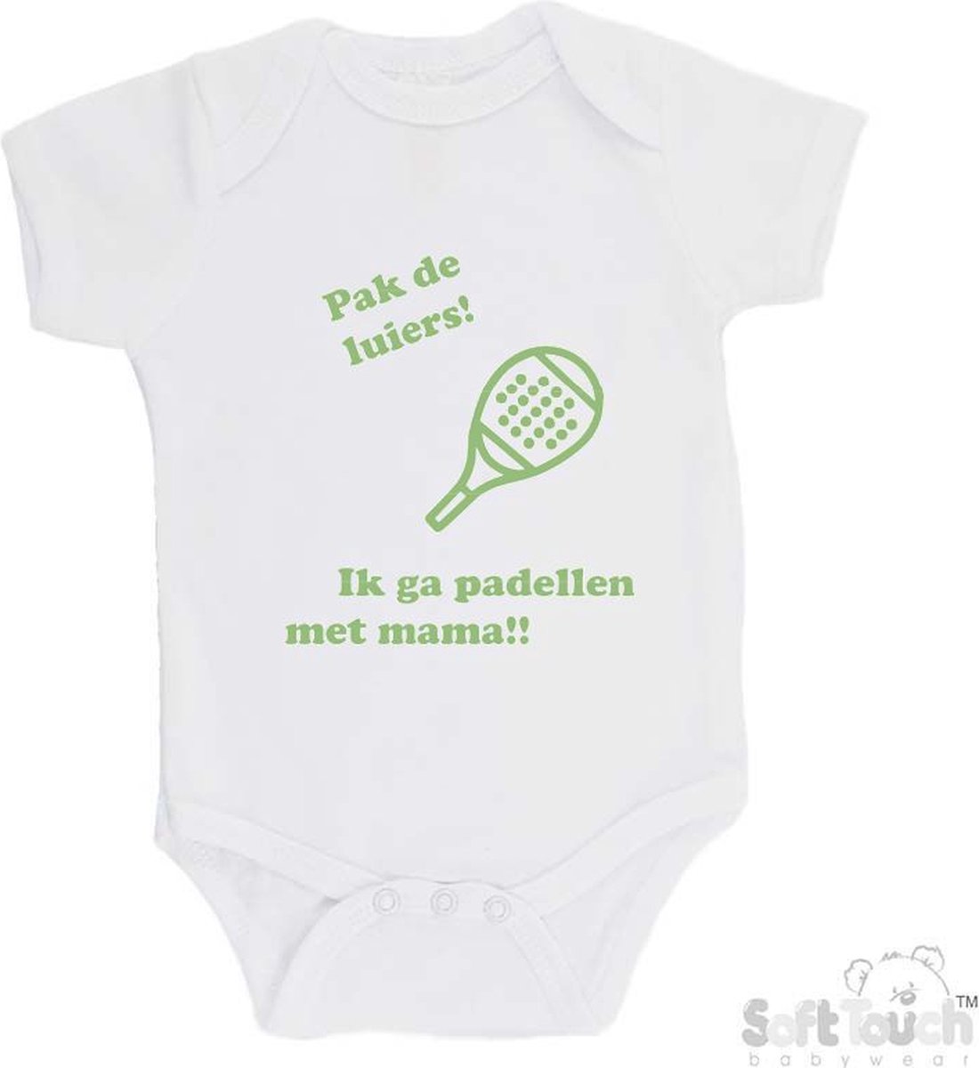 100% katoenen Romper "Pak de luiers! Ik ga padellen met mama!!" Padel Unisex Katoen Wit/sage green (saliegroen) 56/62