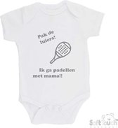 100% katoenen Romper "Pak de luiers! Ik ga padellen met mama!!" Padel Unisex Katoen Wit/grijs Maat 56/62