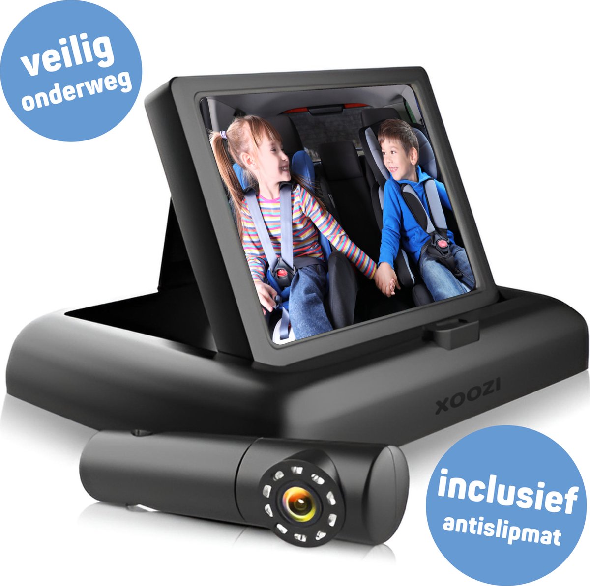 XOOZI Auto Baby Camera 4.5 Inch - Autospiegel Baby - Monitor met Nachtvisie - 180° Verstelbaar - Antislip - Inclusief Kabels - Inklapbaar