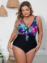 Badpak- Casual zwempak- Dames Plus size kleurblok swimsuit- V hals tropishe print zwemkleding&bikini strandkleding 252- Zwart tropishe kleur- Maat XXL