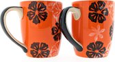 Mokken - Koffiekop - Theemok - Thee mokken - mokken set van 2 - Keramiek - Handgeschilderd - Oranje met bloemen