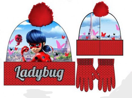 Rode winterse set van Miraculous Ladybug - Muts + Handschoenen - 52 cm