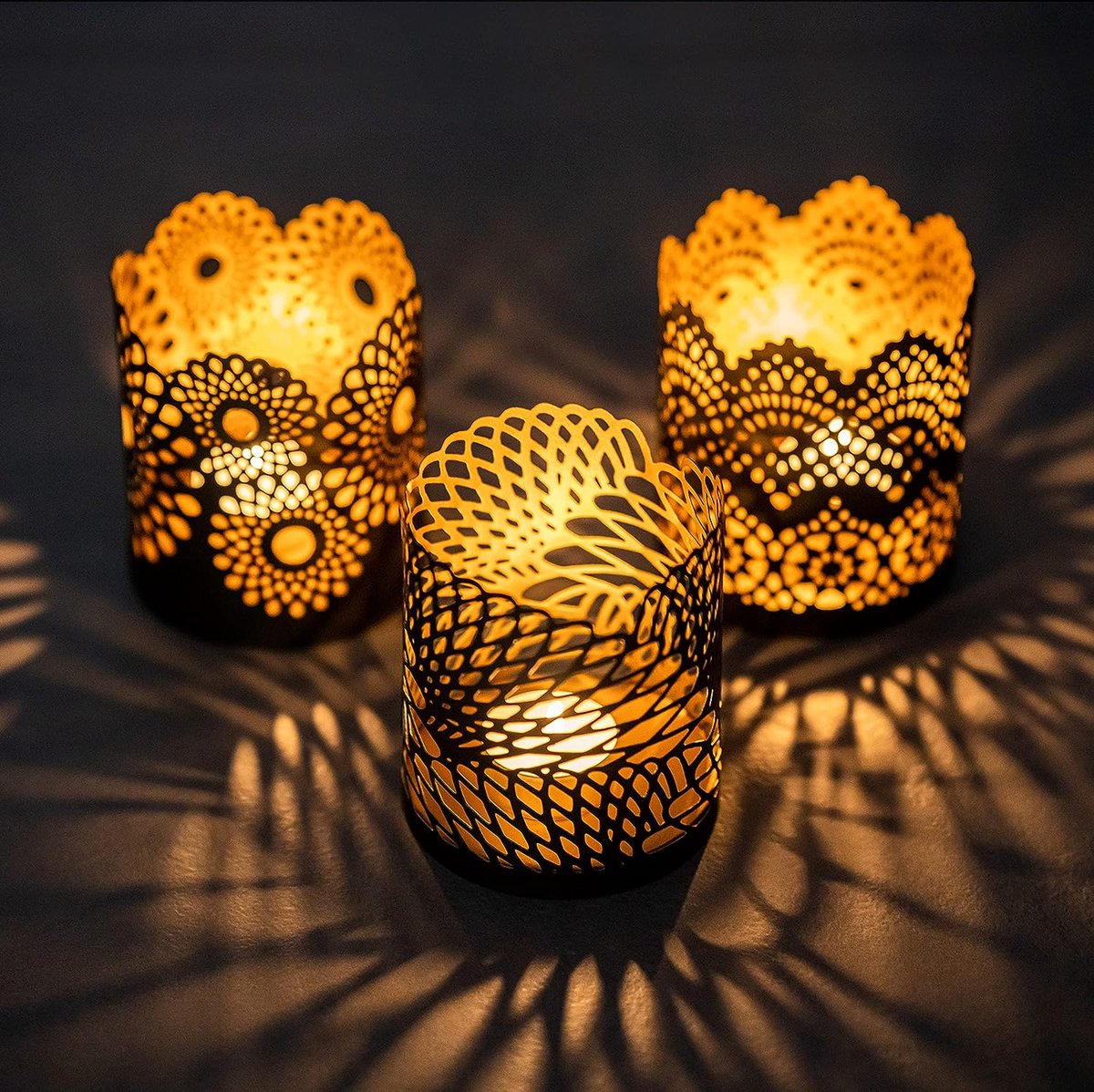 Theelichthouder zwart goud metaal, set van 3 stuks, (H) 10,5 cm, Ø 8,5 cm, windlicht ornamenten als aantrekkelijke tafeldecoratie met 3 motieven, decoratie woonkamer