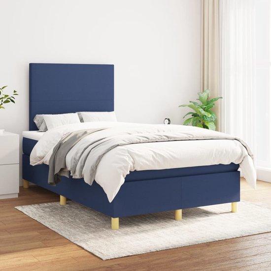 The Living Store Boxspring Bed - Blauw - 203 x 120 x 118/128 cm - Pocketvering Matras - Middelharde Ondersteuning