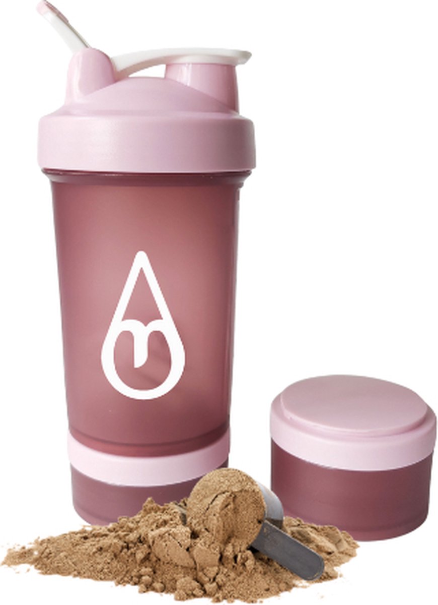 Goedkoopste Shakebeker met poedercompartiment - Motivai® - Roze - Shaker - 3 delige shaker - 600ml - Motivatie Waterfles - Voor het maken van Shake's - Ook voor supplementen - extra compartimenten voor eiwit en preworkout en/of pillen - met shakebal