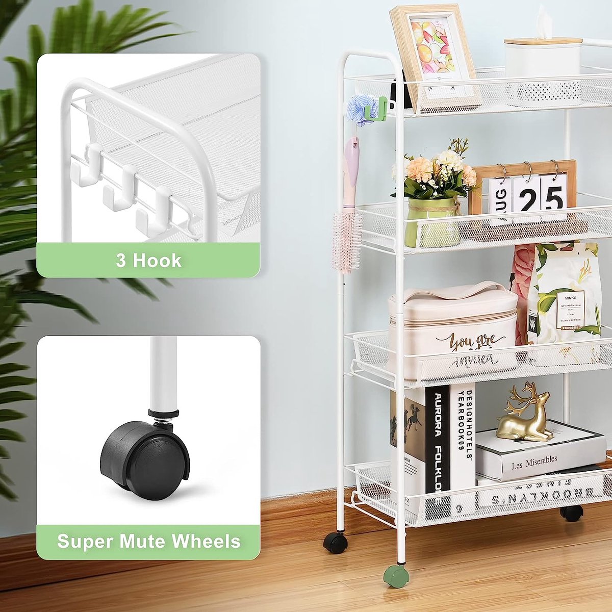 DOEWORKS Serveerwagen met wieltjes, smalle rolwagen, keukentrolley, 4 niveaus, opbergwagen met 3 hangbekers voor keuken, badkamer, slaapkamer, kantoor, zwart