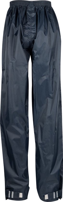 Donkerblauwe regenbroek met elastische tailleband en reflecterende enkelbanden.