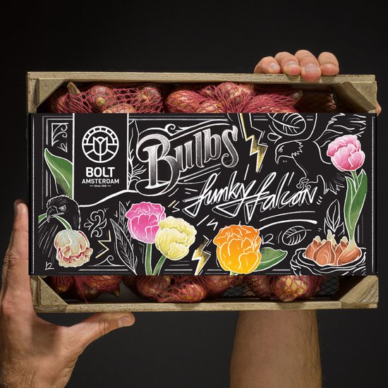 Tulpenbox “FUNKY FALCON” by BOLT Amsterdam - Tulpenbollen in kistje – 100 stuks – Dubbelbloemig – Prachtige mix van 5 kleuren – De beste kwaliteit & Vers uit eigen kwekerij - perfect cadeau – 100% Bloeigarantie