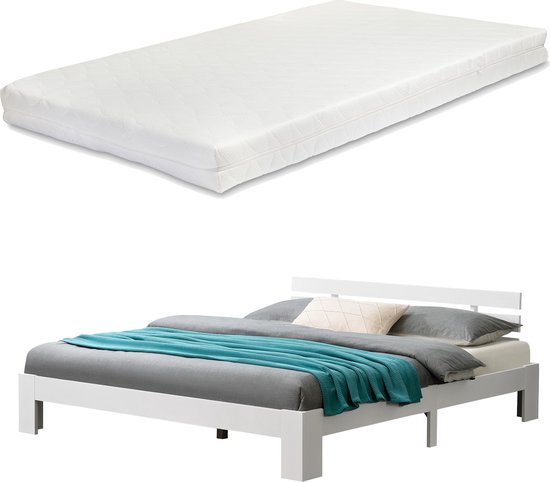 Houten Bed Gerolt - Grenen - Met Matras - 180x200 cm - Wit - Slijtvast - Made in the EU