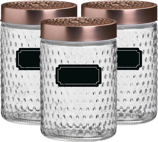 Voorraadpot/bewaarpot Blair - 6x - 1L - glas - koperen deksel - incl. etiketten