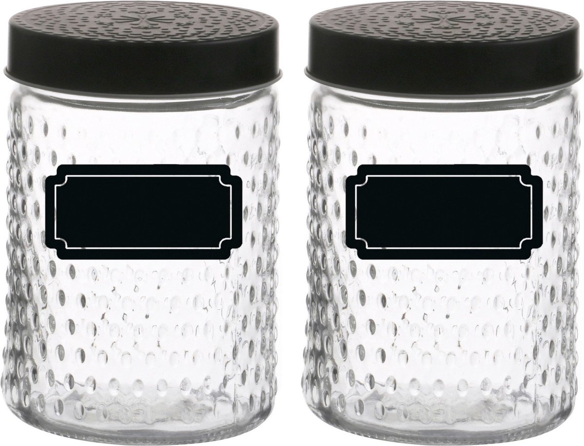 Voorraadpot/bewaarpot Roma - 4x - 1L - glas - zwart - incl. etiketten