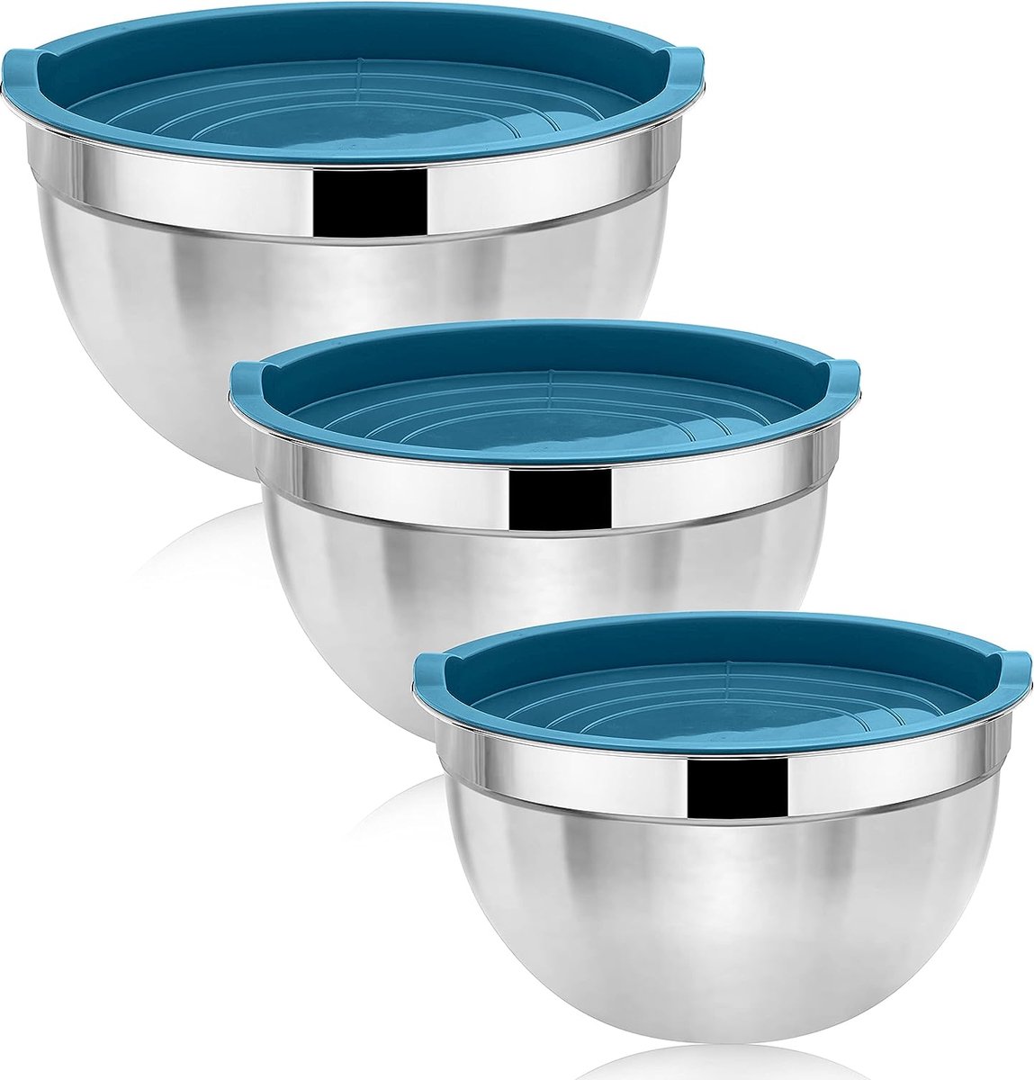 Mengkom 3-delige set, roestvrijstalen slakom met blauw luchtdicht deksel, kom metalen kom set om te bakken, niet giftig en roestvrij, duurzaam en vaatwasmachinebestendig (4,5/2,7/1,5 l)