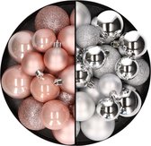 Kerstballen 60x stuks - mix lichtroze/zilver - 4-5-6 cm - kunststof - kerstversiering