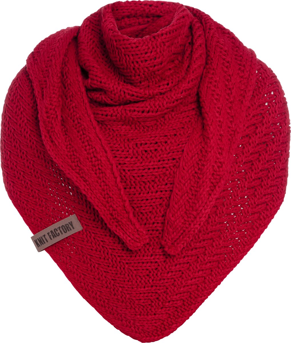 Knit Factory Sally Gebreide Omslagdoek - Driehoek Sjaal Dames - Dames sjaal - Wintersjaal - Stola - Wollen sjaal - Rood gemêleerde sjaal - Bright Red - 220x85 cm - Grof gebreid