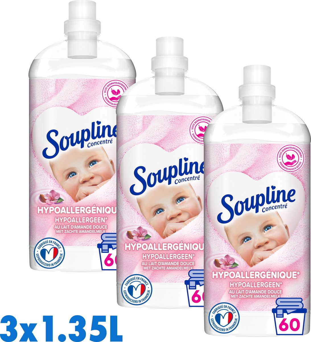 Goedkoopste Soupline Hypoallergeen Geconcentreerde Wasverzachter met Zachte Amandelmelk - 3 x 1,35L - Voor de gevoelige huid - 56 wasbeurten per verpakking - Voordeelverpakking