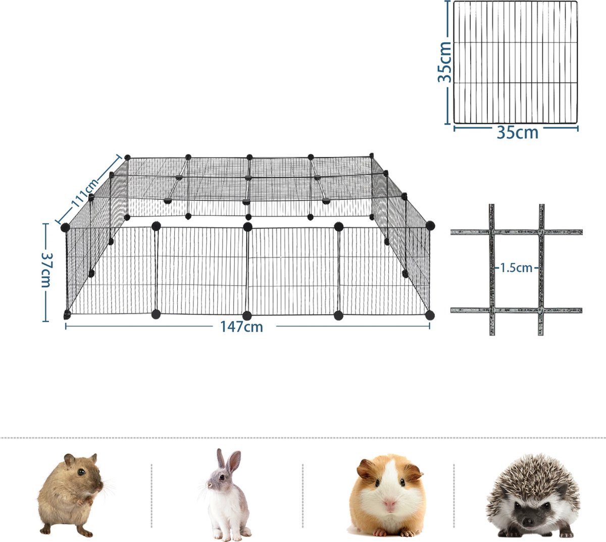 Happyment Dierenren Vida - Extra hoog - Knaagdierenren Ren - Verstelbaar - Konijnenren - Kippenren - Puppyren - Kattenren - Zwart - 70 x 70 x 105 cm thumbnail 5