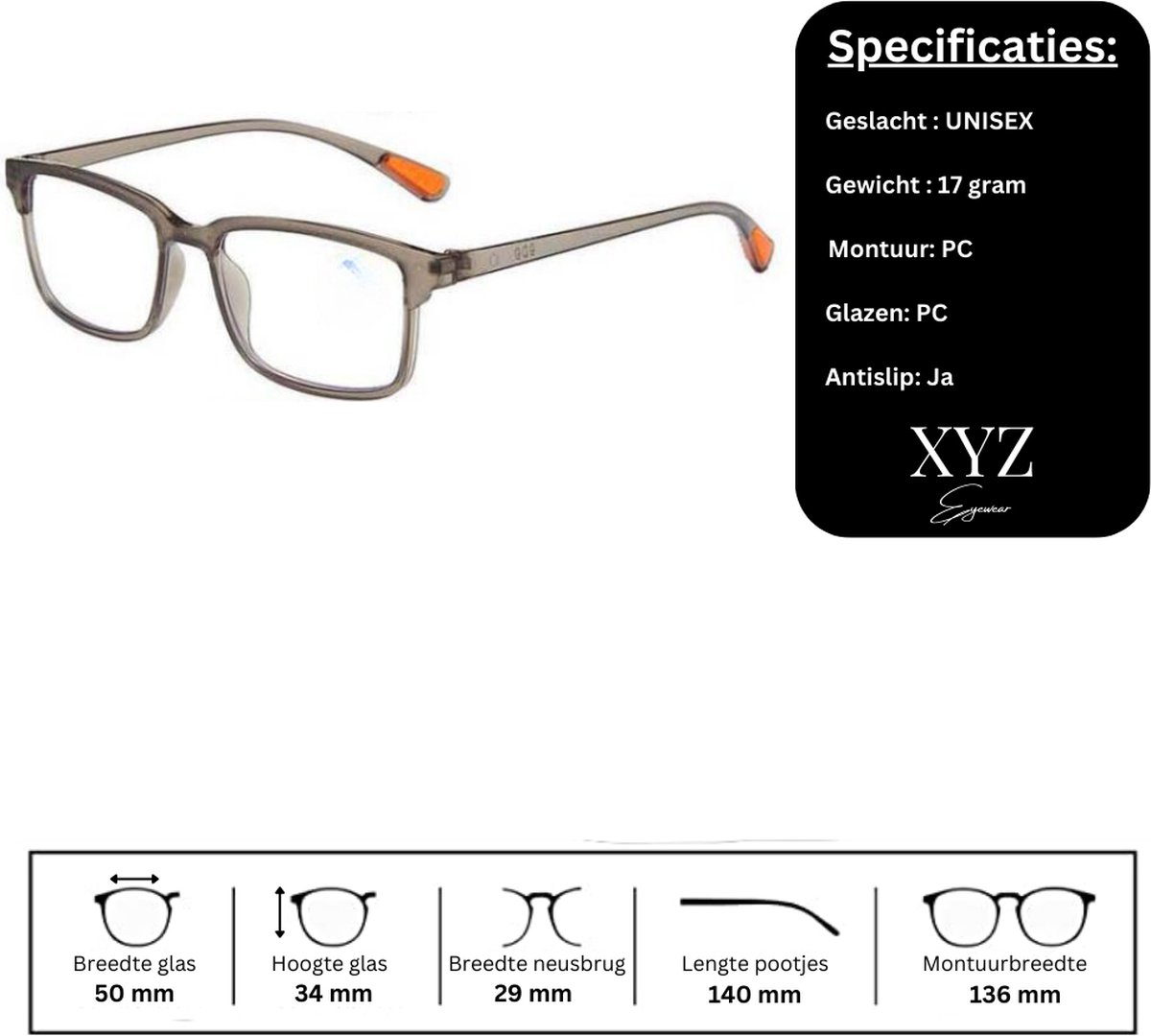 XYZ Eyewear Leesbril Grijs +1.50 Dames Heren Leesbrillen Trendy