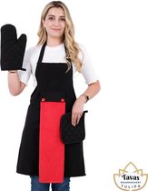 Tulipa zwarte Keukenschort Set van 5 met rode Handdoek en Ovenwanten Pannenlappen Professioneel Verstelbaar Kookschort BBQ Schort Horecakwaliteit Schorten voor vrouwen One Size Fits All