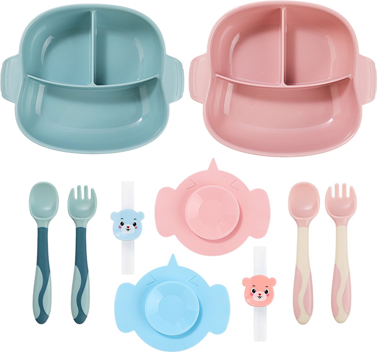 8-delig Plastic Servies Set Roze en Blauw - Plastic Servies Set - Babyservies - Kinderservies - Baby Bord Zuignap - Onbreekbaar