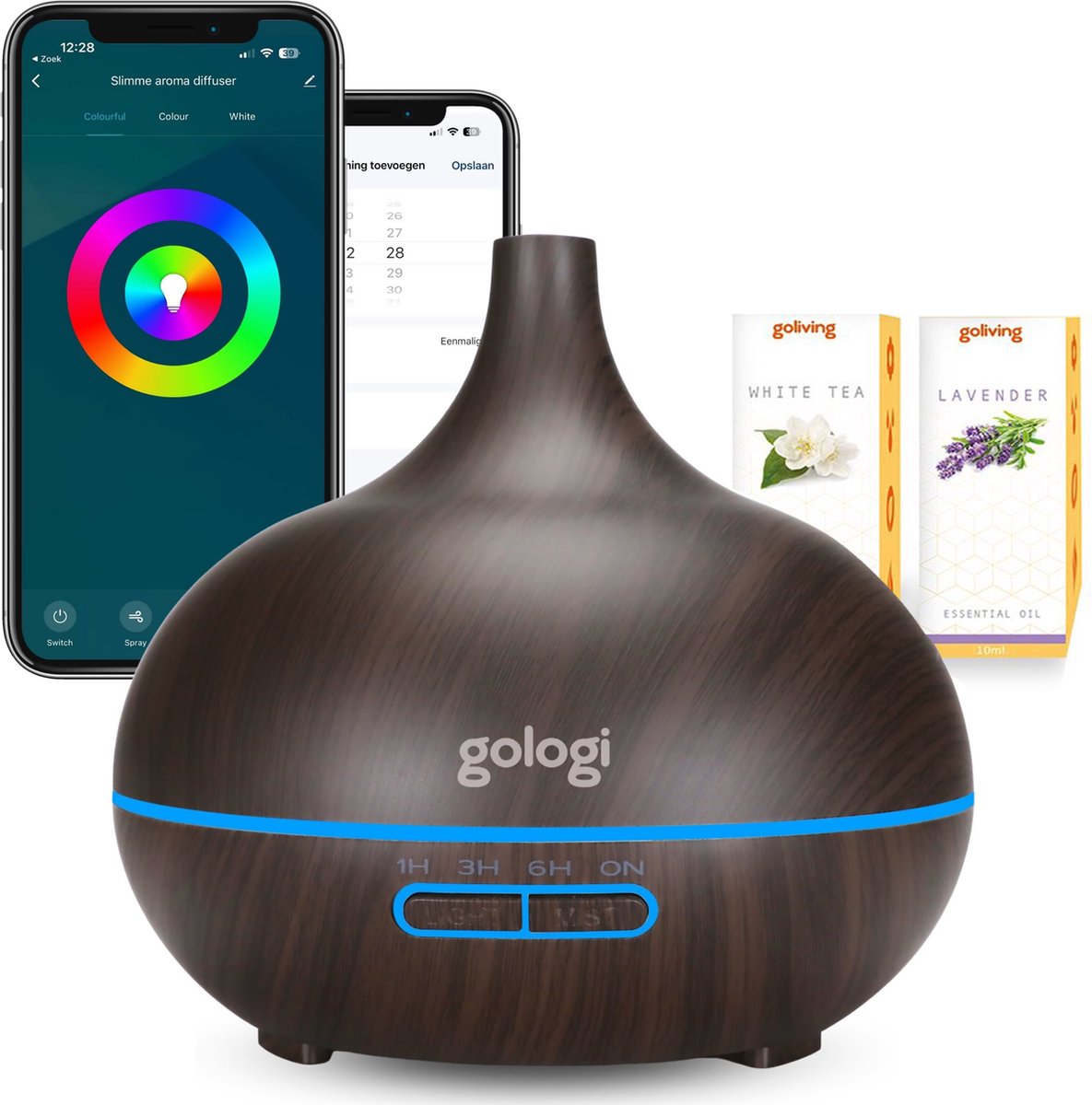 Goedkoopste Gologi Slimme Aroma Diffuser - 550ML - Luchtbevochtiger - Geurverspreider - LED verlichting - Incl. 2 Etherische Oliën - Donkerbruin