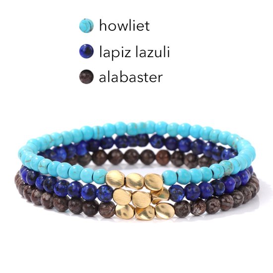 Marama - armbanden set Tibet Blauw - elastisch - edelstenen - howliet - alabaster - lapis lazuli - damesarmbanden - set van 3