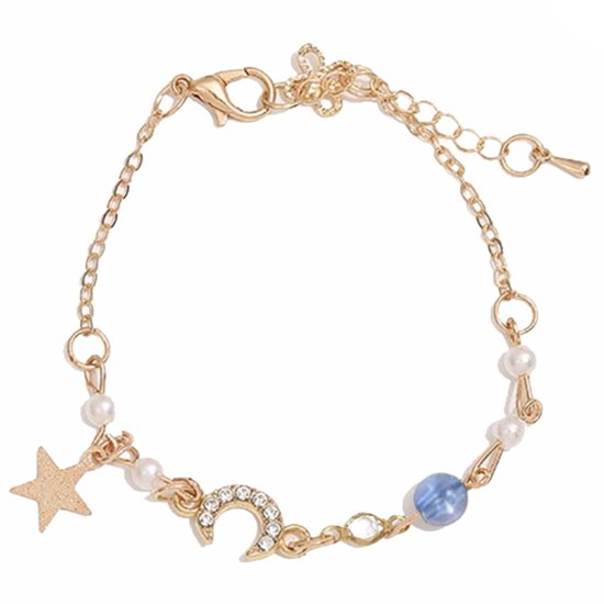 Fako Bijoux® - Dames Armband Ster & Maan - 18cm - Cadeau - Verjaardag - Vrouw - Goudkleurig - Blauw