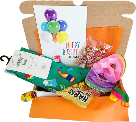 Cadeau box – Feest – Gefeliciteerd - Verrassings Pakket – Gift box – Grappig - Cadeau voor vrouw man – Kado – Sokken - Verjaardags cadeau – Jarig -Geschenkdoos – LuckyDay Socks - Maat 37-44