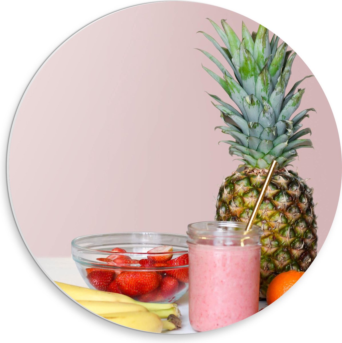 PVC Schuimplaat Muurcirkel - Fruit - Kom - Smoothie - Ananas - Banaan - 30x30 cm Foto op Muurcirkel (met ophangsysteem)
