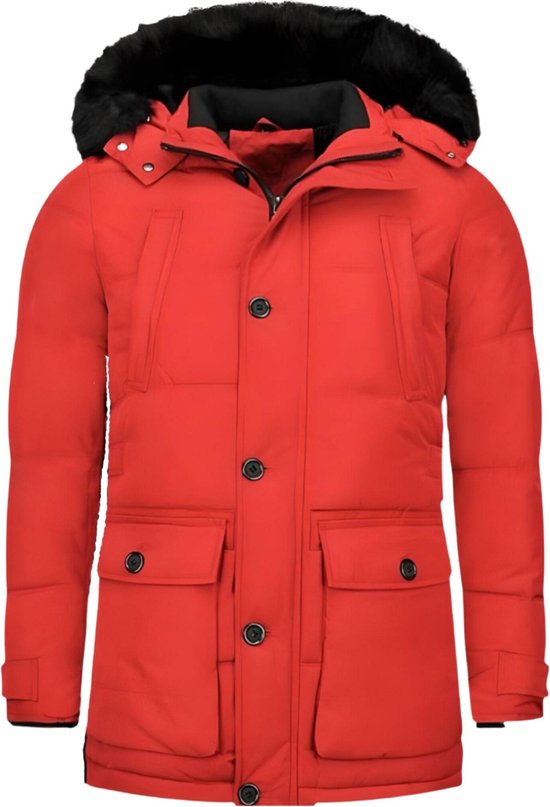 Lange Heren Winterjas - Met Bontkraag - Rood