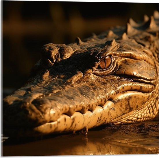 Acrylglas - Krokodil ligt op de grond met zijn hoofd in het water - 50x50 cm Foto op Acrylglas (Met Ophangsysteem)