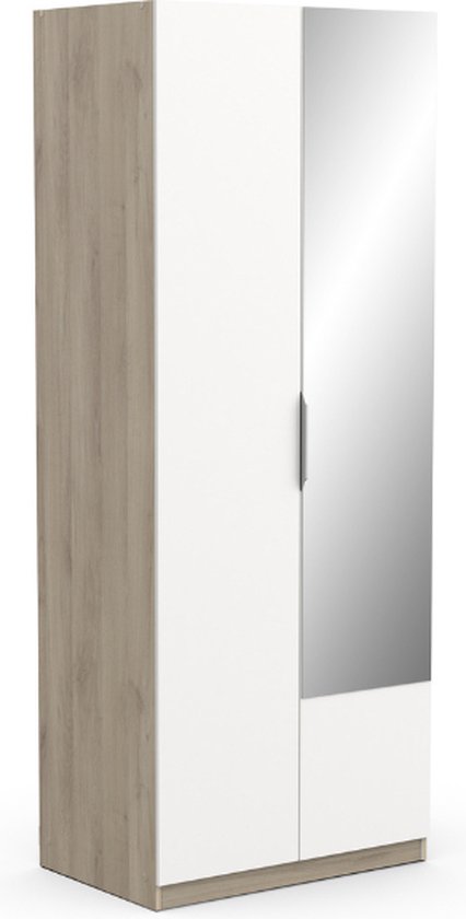 Garderobekast 100×38,5×190 Cm - Met Spiegel En Schoenenrek - Met 1 La En 2 Vakken Wit Naturel