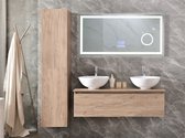 Excellent meuble de salle de bain de bien-être Type: J, 120 cm, couleur Chêne rustique, comprenant 2x lavabo en céramique, miroir LED et meuble colonne